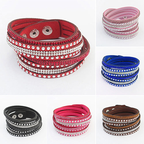 Women's Multilayer Faux Leather Punk Rhinestone Cuff Bracelet Bangle Wristband