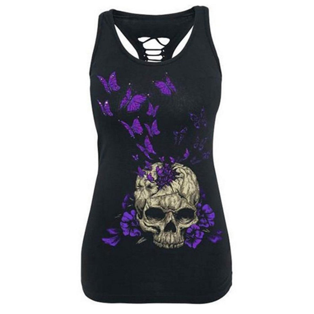 Women Summer Fashion Skull Print Sleeveless Slim Fit Hollow Out Tank Top Vest