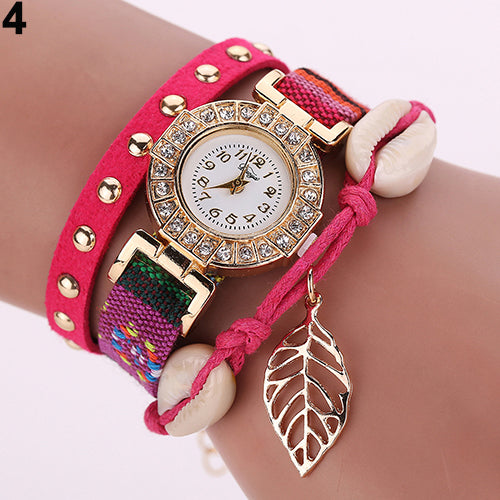 Women's Inlaid Rhinestone Leaf Shell Rivet Faux Leather Braided Band Wrist Watch