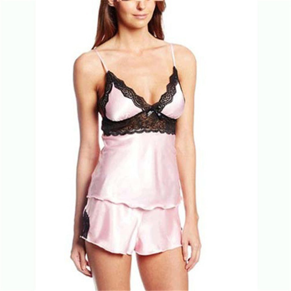 Sexy Two-piece Sleepwear Spaghetti Strap V-Neck Lace Stitching Top + Shorts