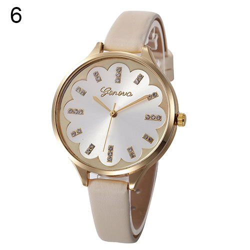 Hot Women Flower Dial Rhinestone Geneva Wristwatch Slim Faux Leather Band Watch