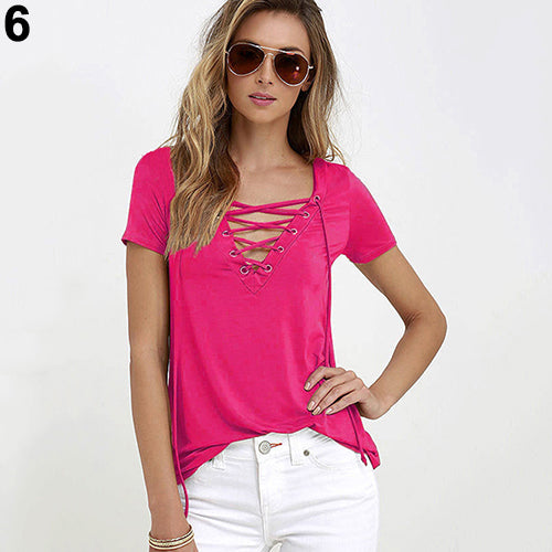 Women Summer Plus Size Sexy Top casual Strappy V-Neck Tees Fashion T-Shirt