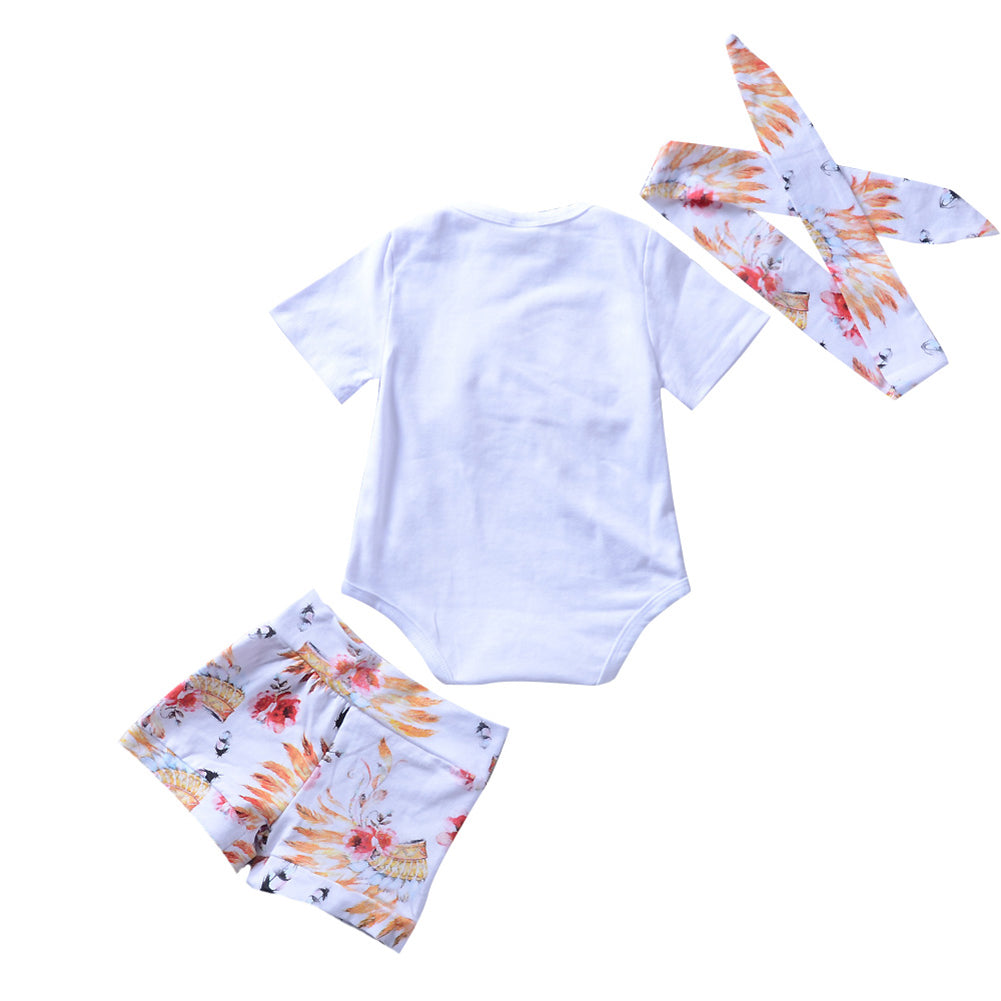 Newborn Baby Girls Boys Flower Short Sleeve Top Romper Pants Headband Outfits