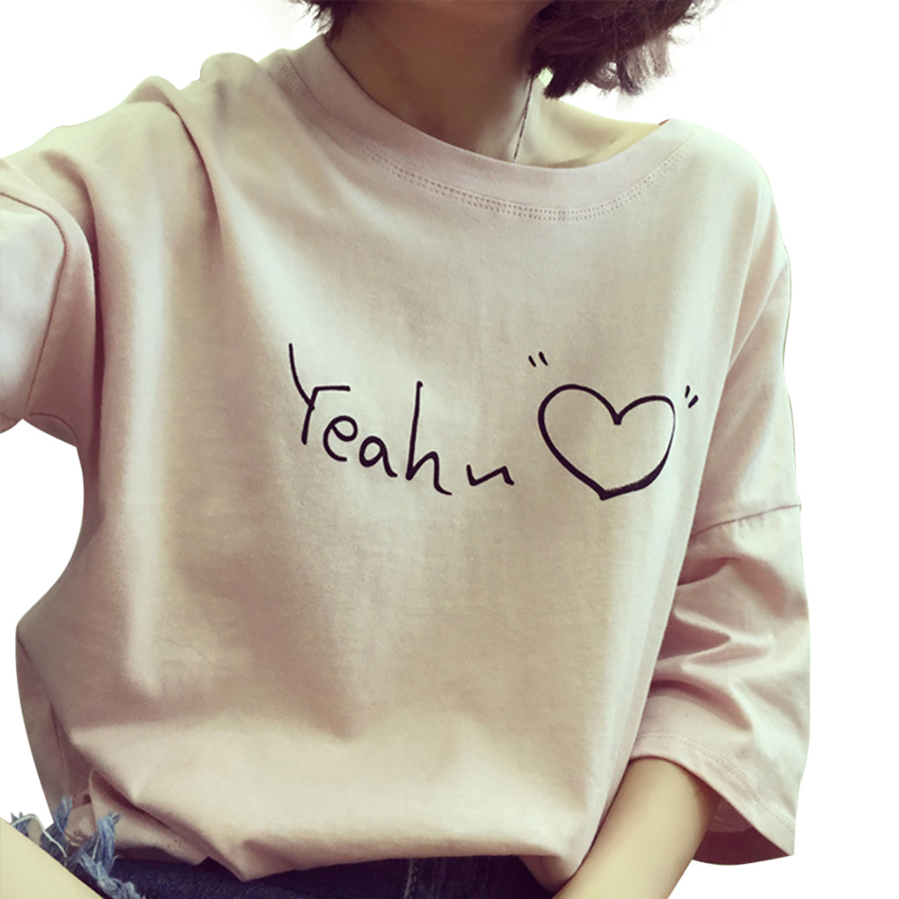 Letter Love Heart Print Women Round Neck Short Sleeve Top Tee Summer T-Shirt