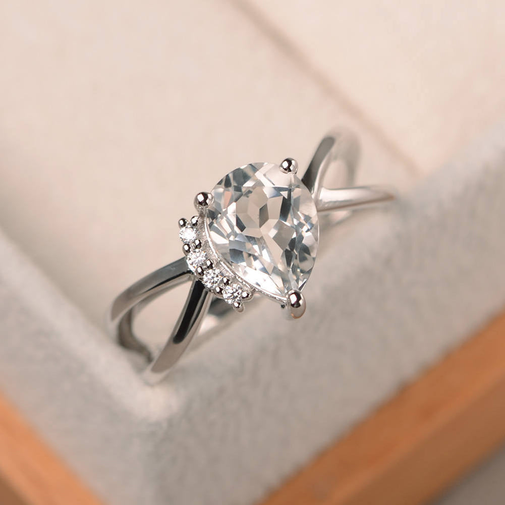 Fashion Women Drop Pear Faux Gem Rhinestone Inlaid Slim Band Party Ring Jewelry