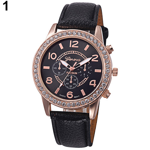 Fashion Women Geneva Rhinestone Big Dial Faux Leather Analog Wrist Watch Gifts