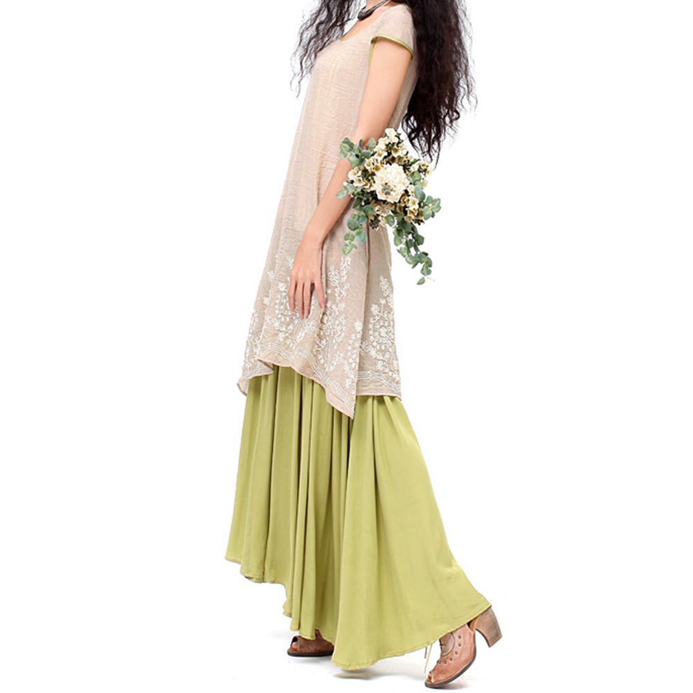 Women Fashion Cotton Linen Embroidery Irregular Fake Two Pieces Long Shirt Dress