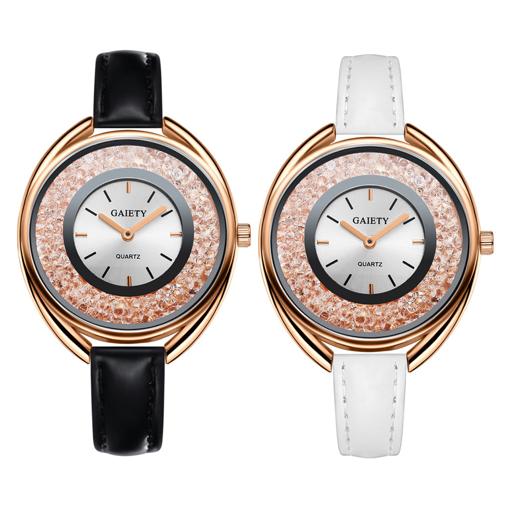 Luxury Dazzling Rhinestone Faux Leather Quartz Analog Watch Women Wristwatch