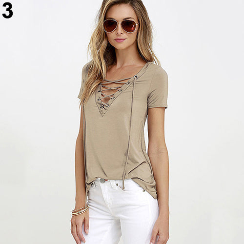 Women Summer Plus Size Sexy Top casual Strappy V-Neck Tees Fashion T-Shirt