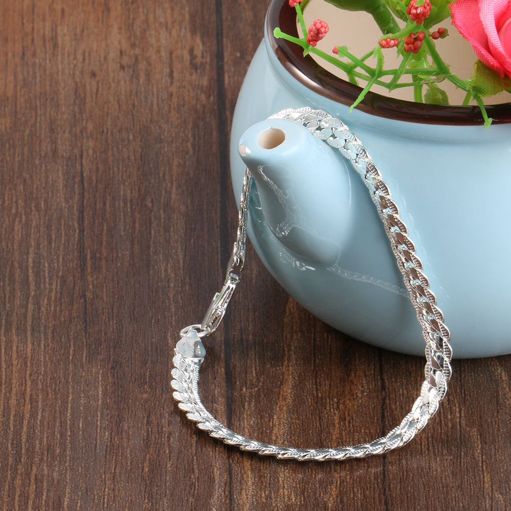 Fashion Men's Flat Curb Silver Plated Chain Simple Design Bracelet Jewelry Gift