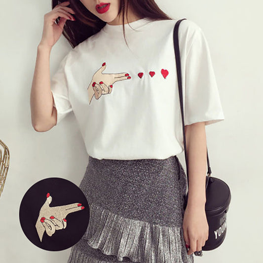 Women Summer Fashion Causal Finger Heart Hand Short Sleeves T-shirts Blouse