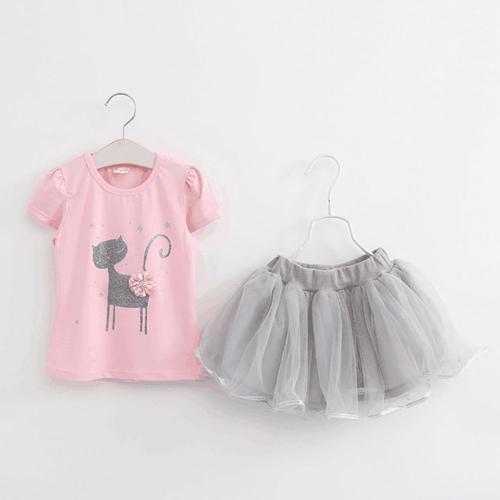 Kids Girls Fashion Cat Pattern T-shirt Short Sleeve Dancewear Party Tutu Skirt Set