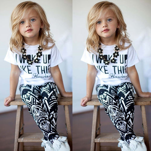 Kids Girls Summer I Woke Up Like This Print Short Sleeve T-shirt+Pants Outfit Set
