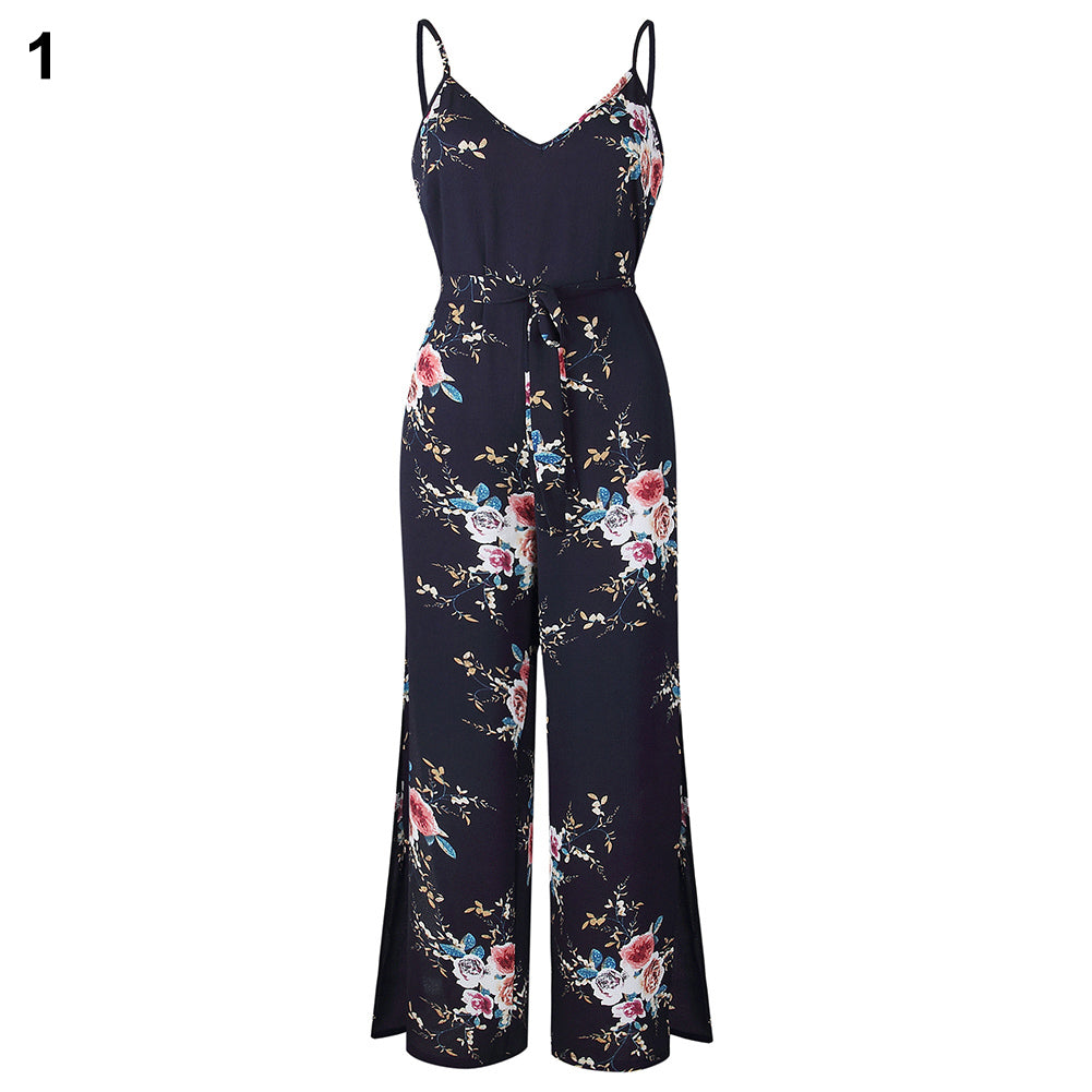 Women Sexy Long Pants Sleeveless Spaghetti Strap Jumpsuit Romper With Belt