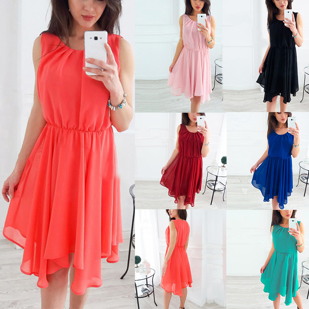 Summer Fashion Women Sleeveless Solid Color Irregular Hem Chiffon Casual Dress