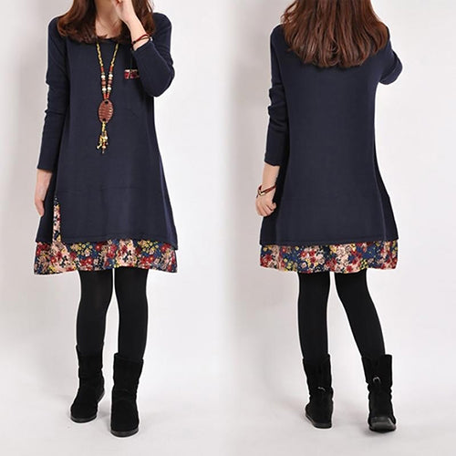 Women Casual Round Neck Pullover T-Shirt Loose Floral Hem Blouse Top Dress