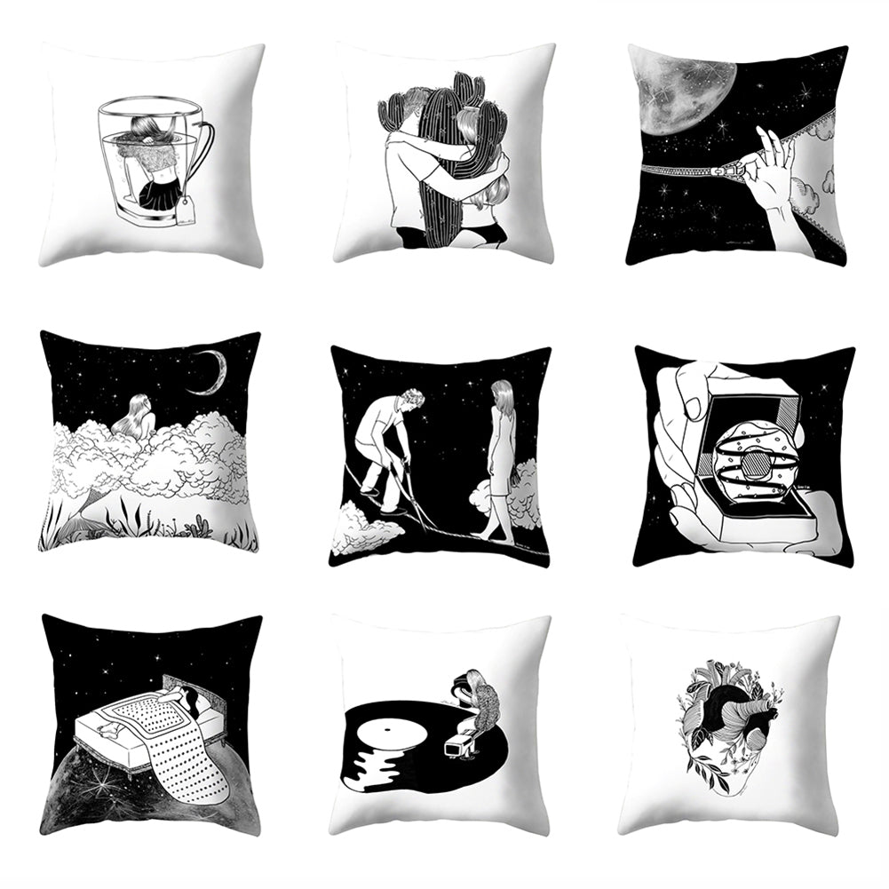 Black and White Cartoon Pattern Sofa Bed Throw Pillow Case Cushion Cover