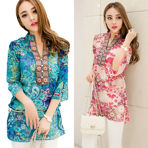 Women's Fashion Summer Korean Style Ethnic Loose Chiffon Blouse T-shirt