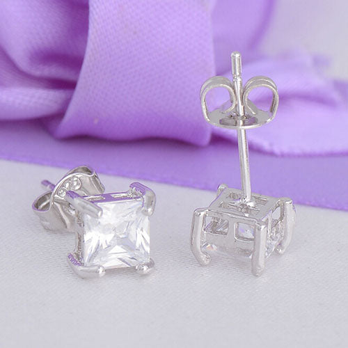Fashion Women 925 Sterling Silver Clear Square Cubic Zirconia Ear Studs Earrings