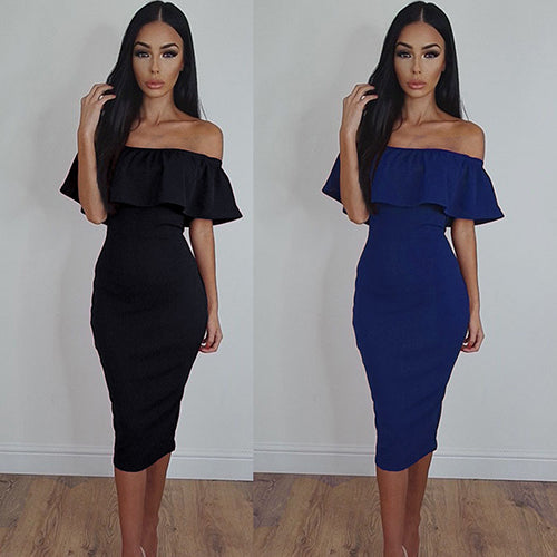 Women Off the Shoulder Ruffled Collar Bodycon Package Hip Party Club Sexy Dress