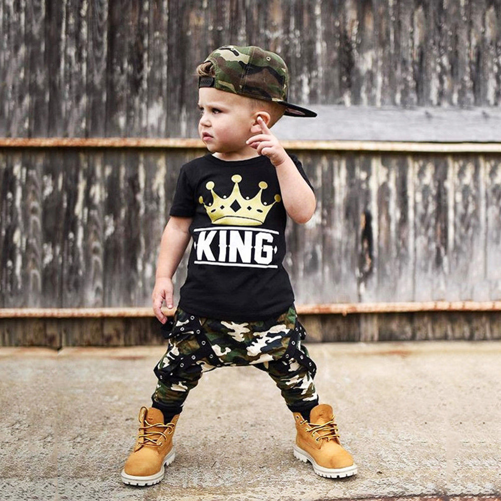 Newborn Kids Baby Boys King Crown Print T-Shirt Top Camo Pants Summer Outfit Set