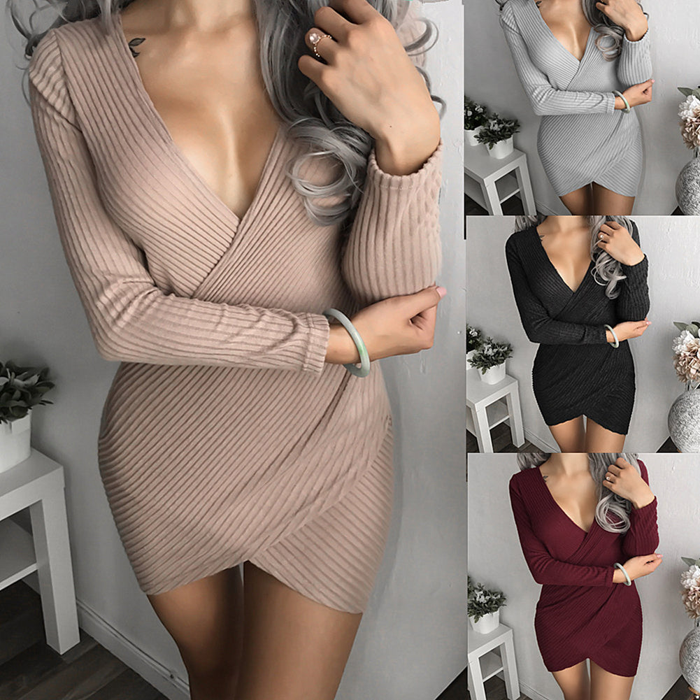 Women's Pure Color V-neck Long Sleeve Bodycon Autumn Mini Sexy Dress Gift