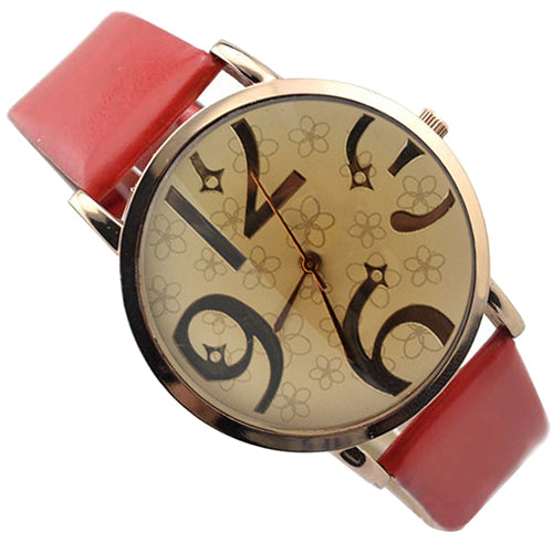 Women's Casual Flowers Big Numbers Dial Faux Leather Strap Quartz Wrist Watch