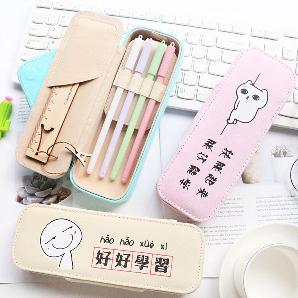 Funny Cartoon Chinese Student Pencil Bag Canvas Stationery Holder Zipper Pouch