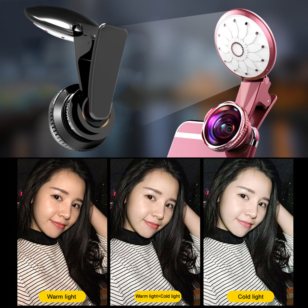 4K Wide Angle Lens 20X Macro Lens Dimmable Selfie Fill Light Clip Kit for Phone