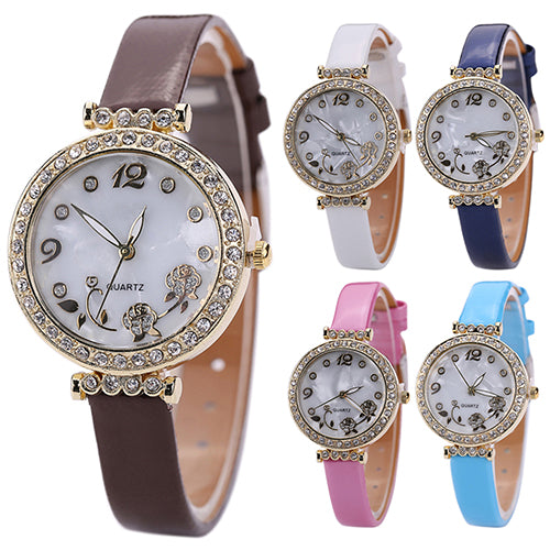 Women's Flower Rhinestone Watch Fine Faux Leather Strap Quartz Gift Wristwatch