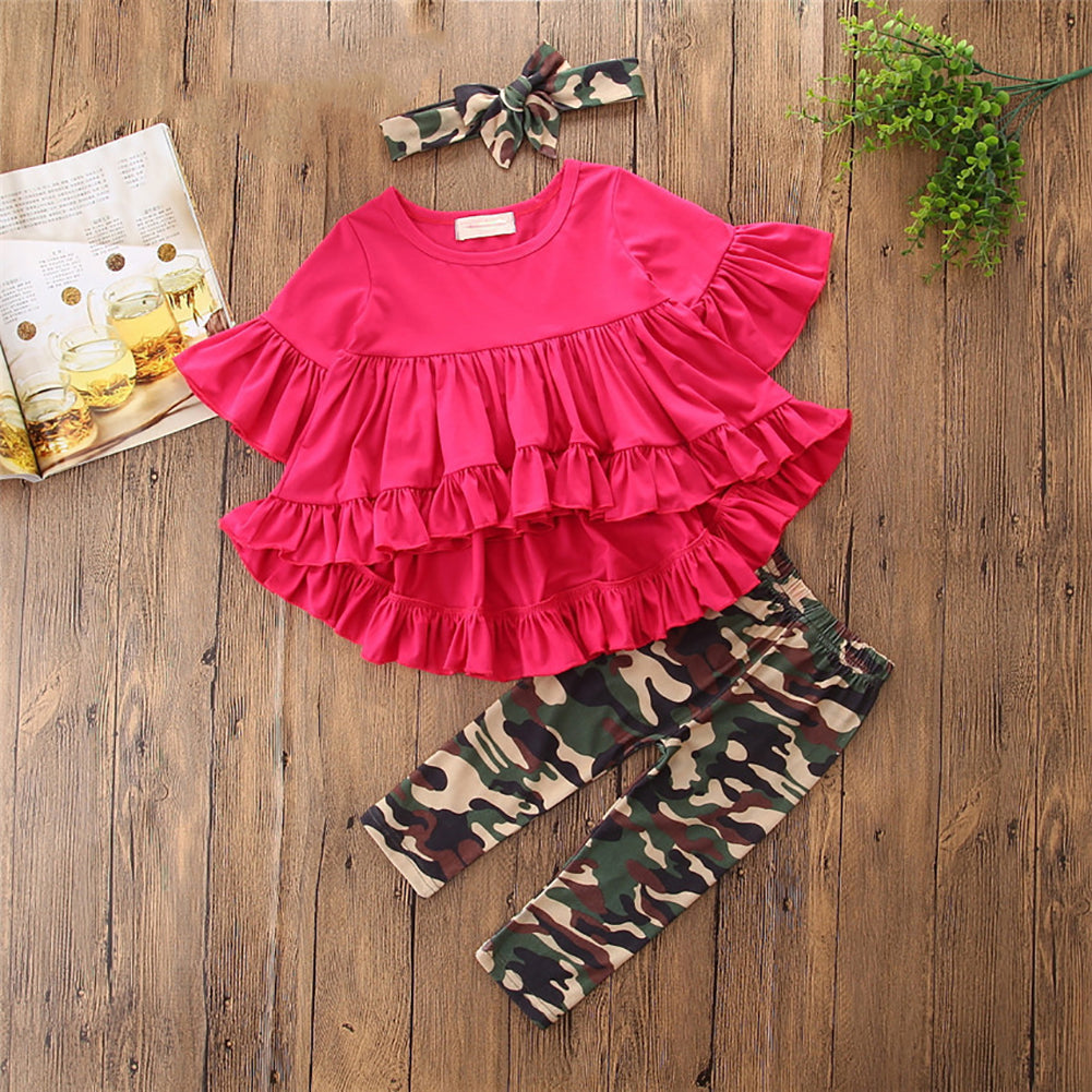 Summer Ruffle Top Blouse Camouflage Leggings Bowknot Headwear Baby Girl Outfit