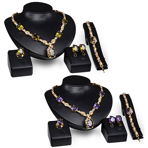 Retro Women Zircon Waterdrop Pendant Necklace Ring Earrings Bracelet Jewelry Set
