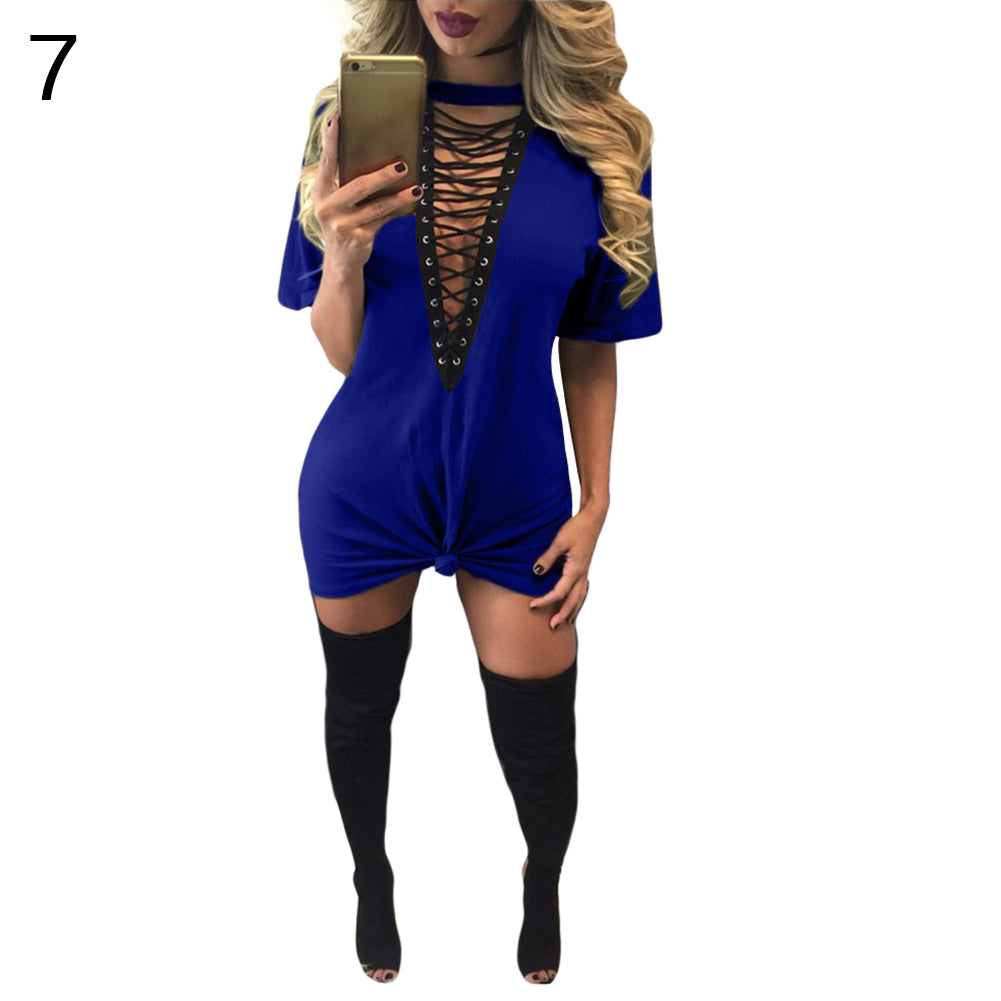 Lady Sexy Cross Lace Up V Neck Casual Short Sleeve Choker T-Shirt Top Dress