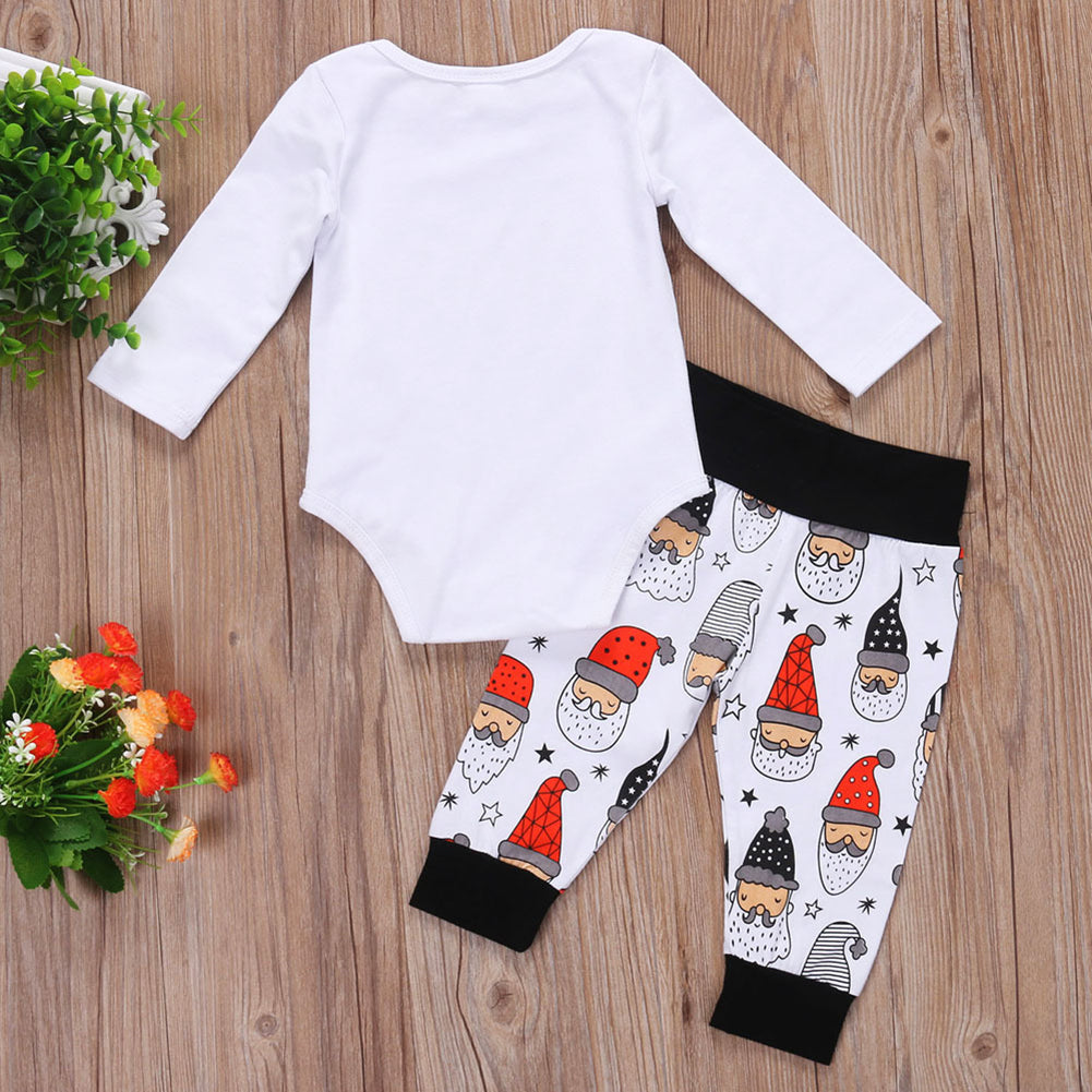 Baby Toddler Boys Girls Christmas Santa Print Cotton Clothes Set Romper + Pants