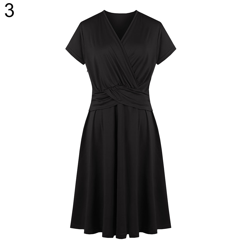 Fashion Women V-Neck Casual Ruched Waist Evening Party Cocktail Swing Dress