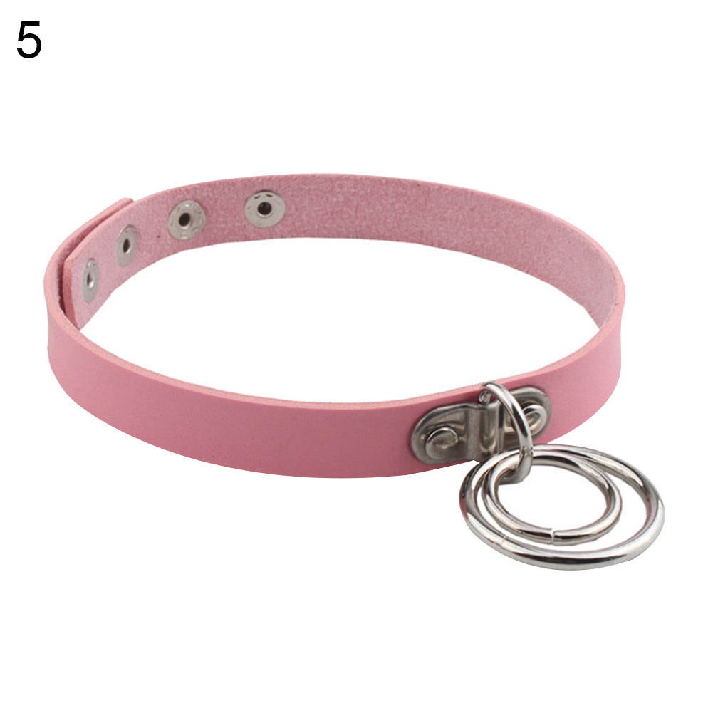 Lady Fashion Punk Choker Double Rings Pendant Faux Leather Short Collar Necklace
