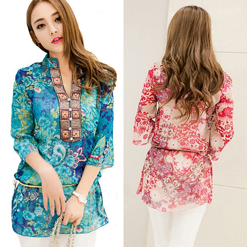 Women's Fashion Summer Korean Style Ethnic Loose Chiffon Blouse T-shirt