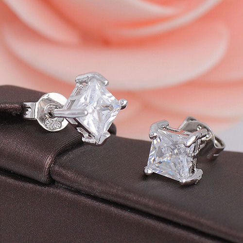 Fashion Women 925 Sterling Silver Clear Square Cubic Zirconia Ear Studs Earrings