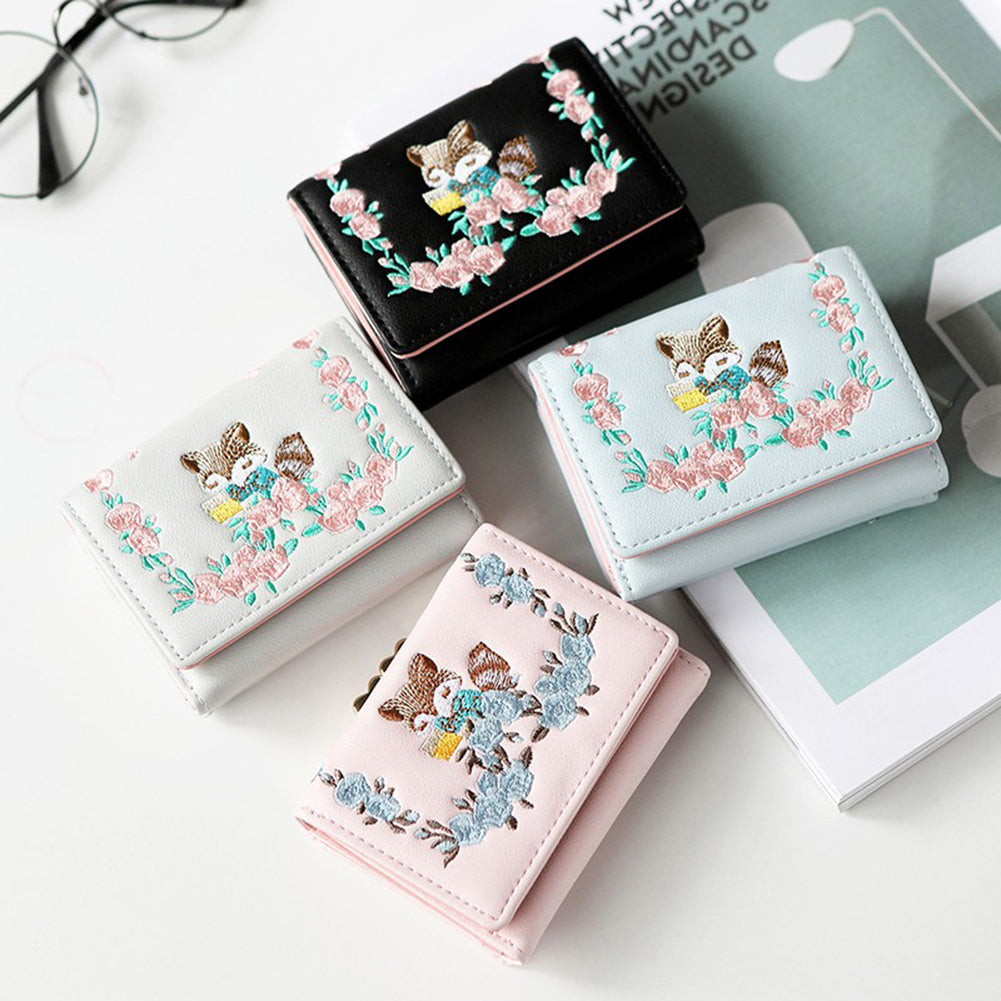 Lovely Faux Leather Little Fox Floral Embroidery Short Wallet Women Purse Gift