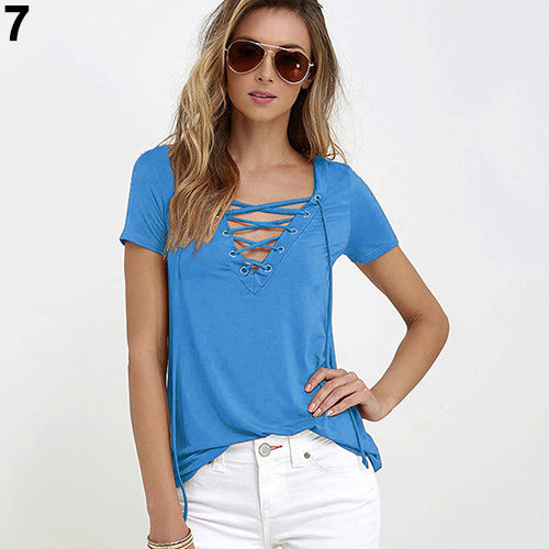 Women Summer Plus Size Sexy Top casual Strappy V-Neck Tees Fashion T-Shirt