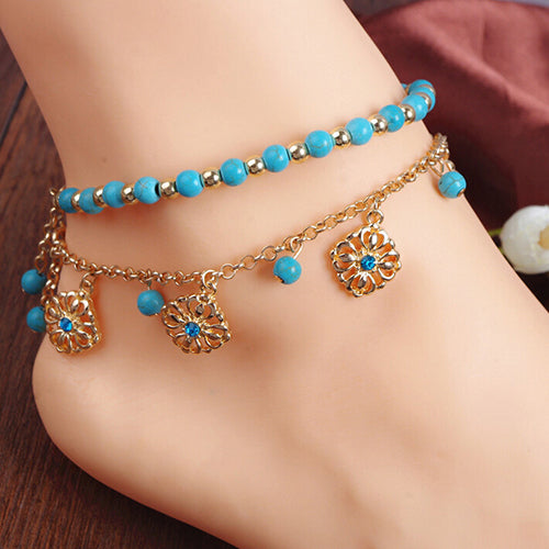 Boho Double Layers Rhinestone Flower Turquoise Foot Chain Anklet Ankle Bracelet