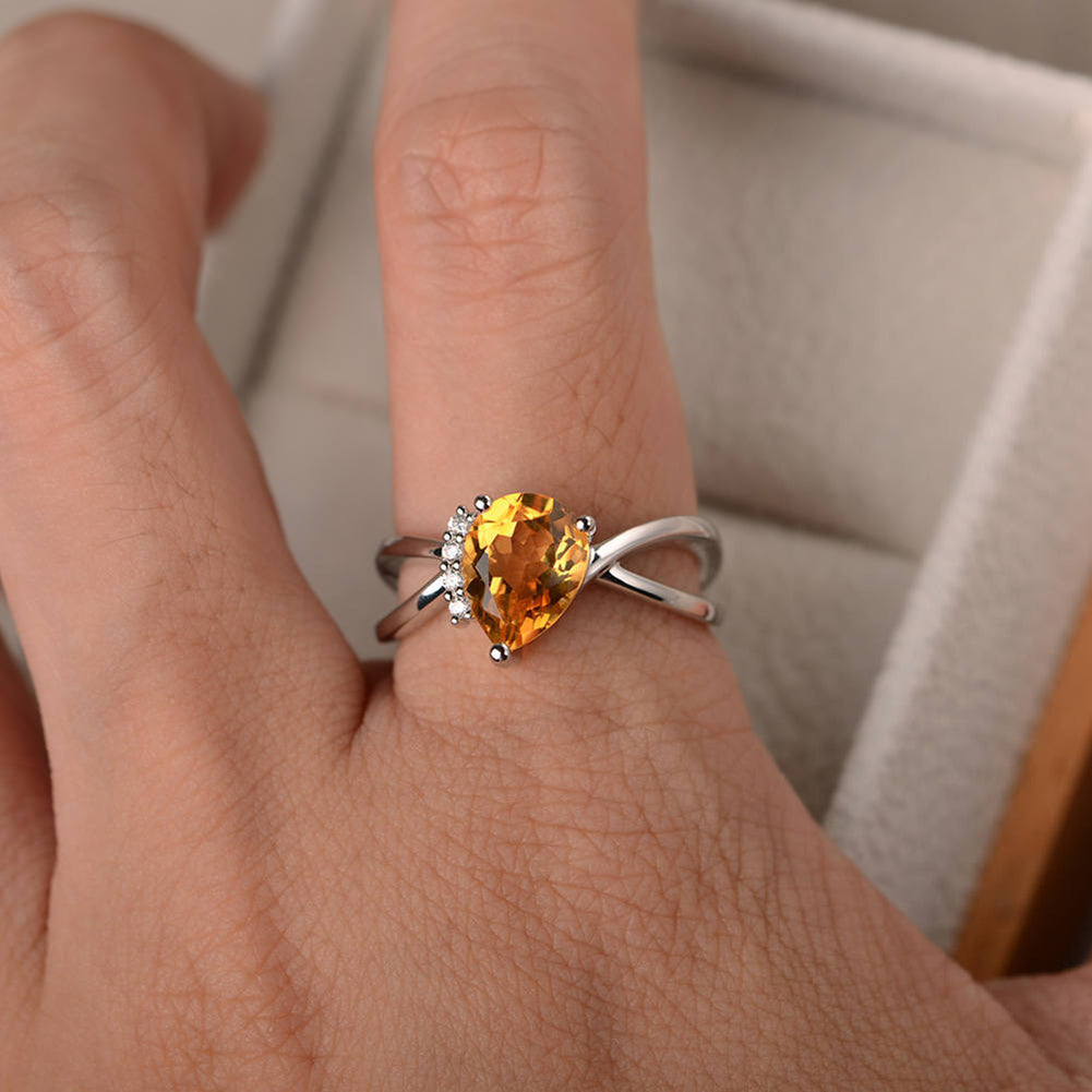 Fashion Women Drop Pear Faux Gem Rhinestone Inlaid Slim Band Party Ring Jewelry