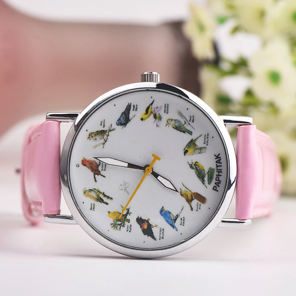 Fashion Birds Animal Round Dial Quartz Analog Women Date Shopping Wrist Watch