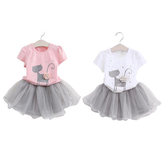 Kids Girls Fashion Cat Pattern T-shirt Short Sleeve Dancewear Party Tutu Skirt Set