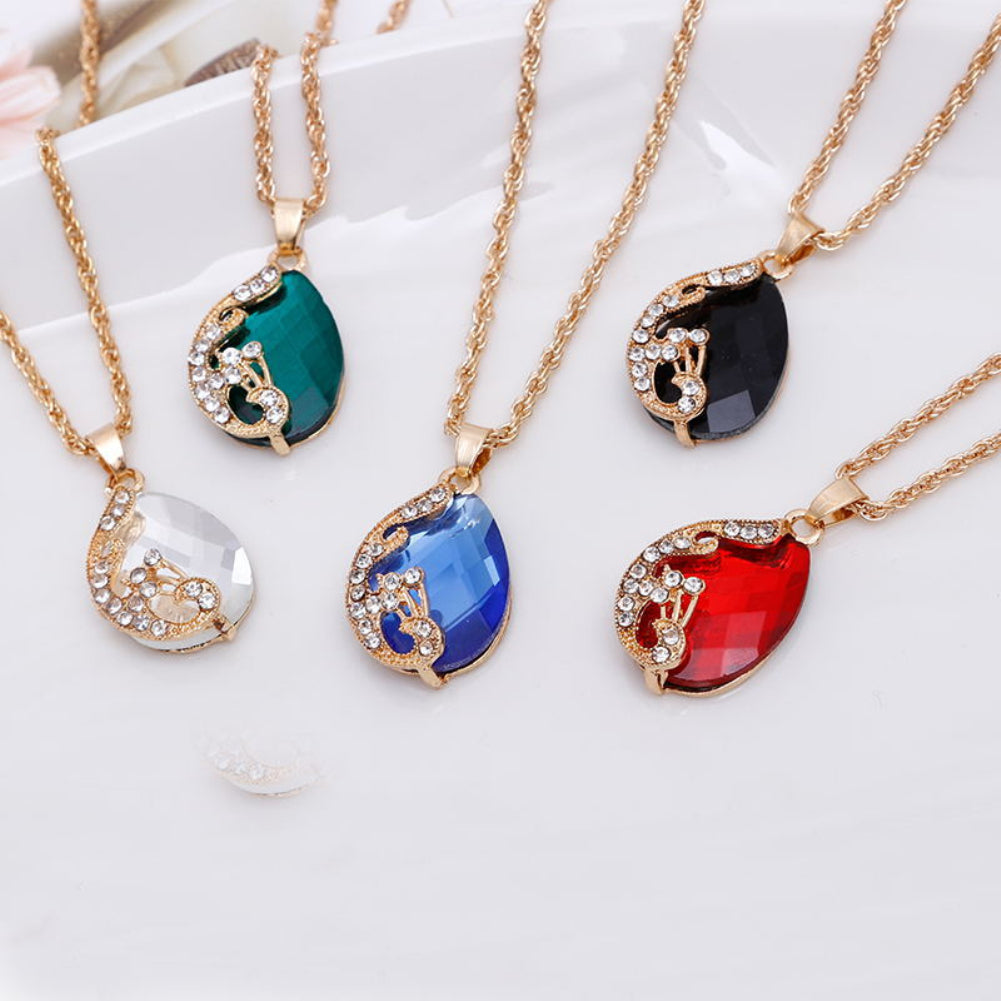 Women Jewelry Set Shiny Water-Drop Shape Rhinestone Necklace Earrings Ring Gift