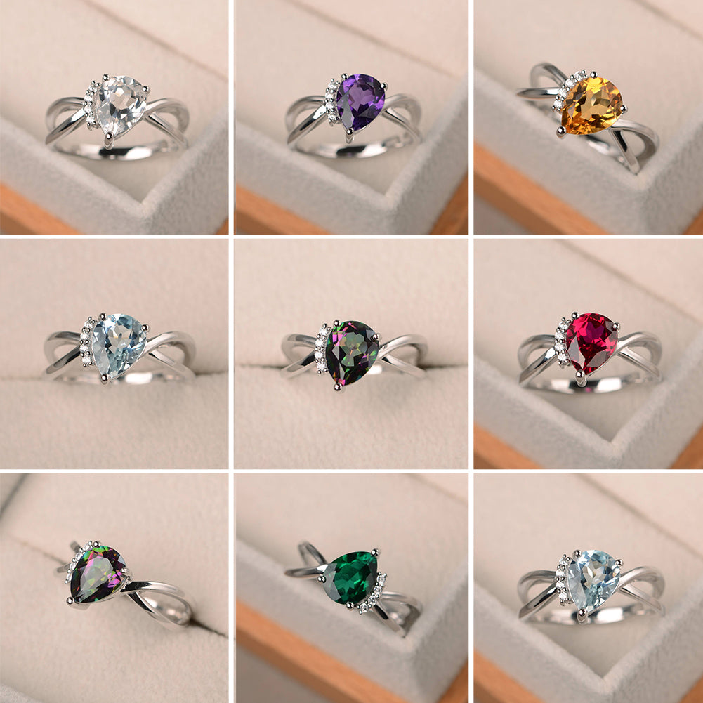 Fashion Women Drop Pear Faux Gem Rhinestone Inlaid Slim Band Party Ring Jewelry