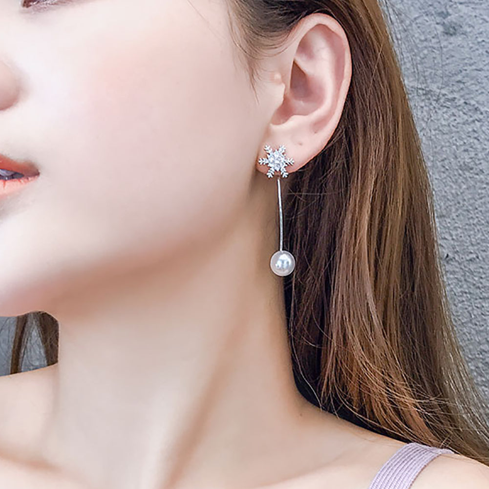 Asymmetric Snowflake Earrings Women Fashion Long Tassel Faux Pearl Eardrop Gift