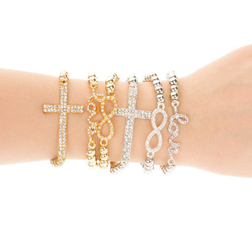 Fashion Women Rhinestone Beaded Cross Love Infinity Stretch Bracelet Chain Gift