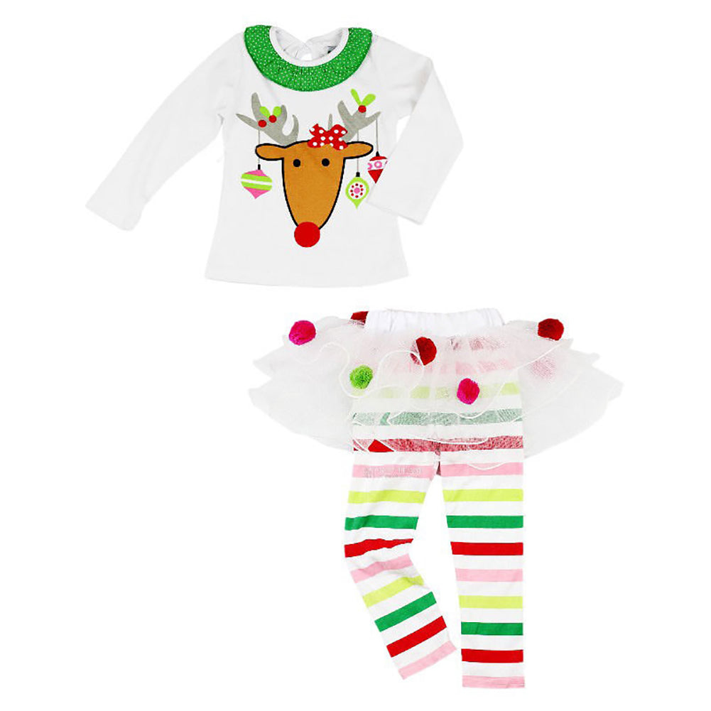 Christmas Kids Baby Girls Reindeer Top Stripe Tutu Pantskirt Set Clothes Outfits