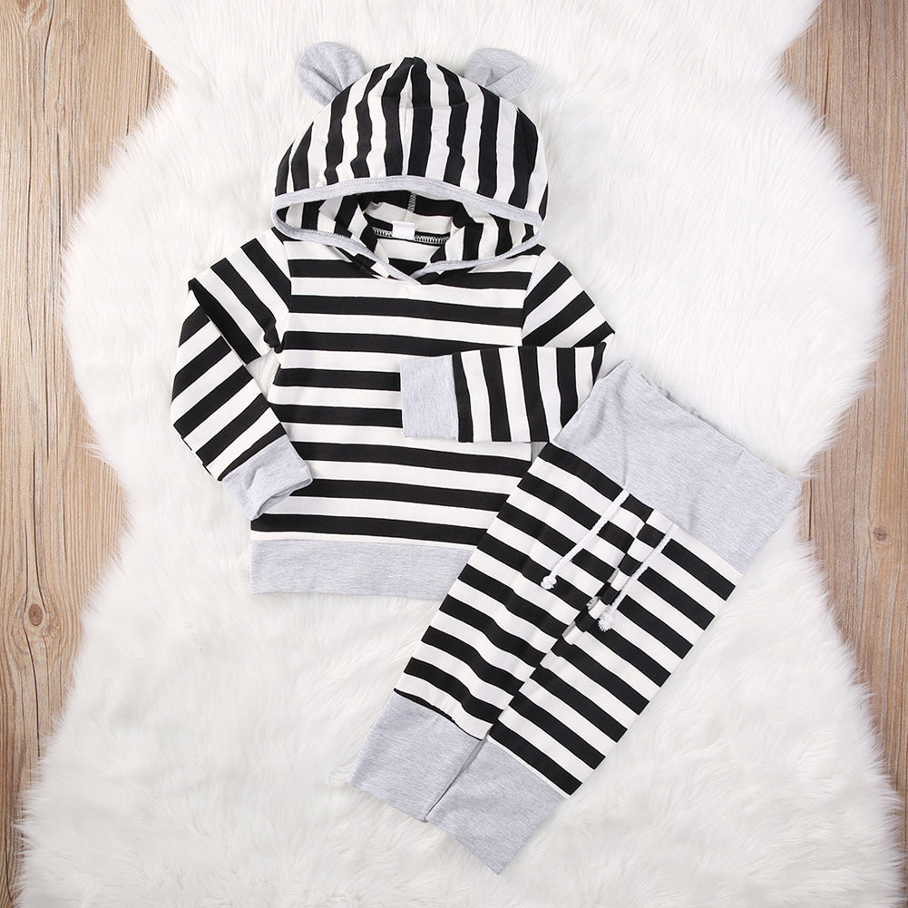 Newborn Baby Boys Girls Outfit Striped Hooded Top Long Sleeve T-Shirt + Pants